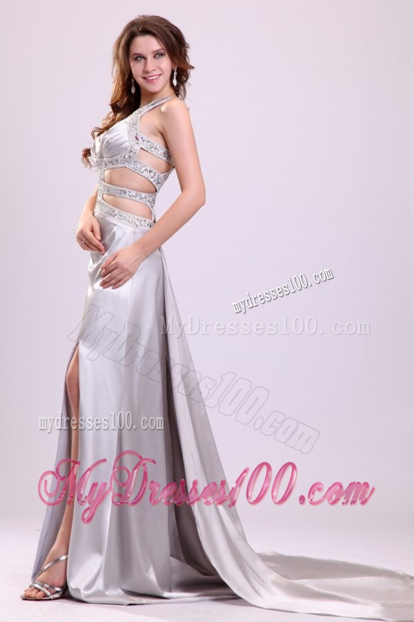 Column Straps Beading Ruching Satin High Slit Gray Evening Dress