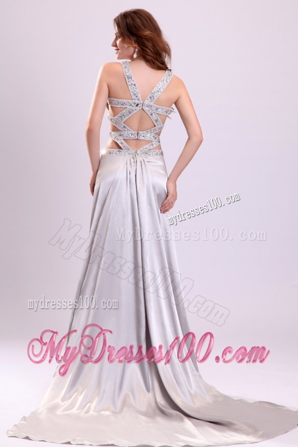 Column Straps Beading Ruching Satin High Slit Gray Evening Dress