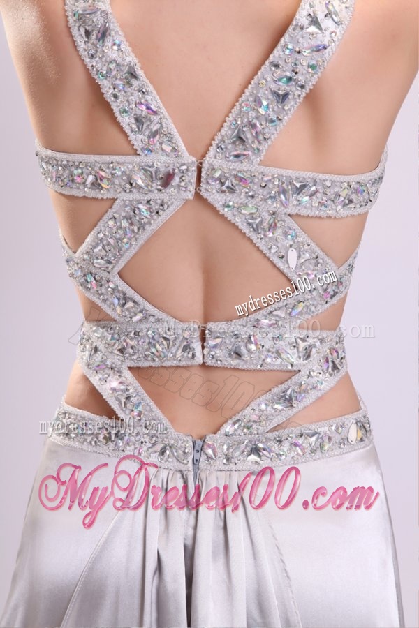 Column Straps Beading Ruching Satin High Slit Gray Evening Dress