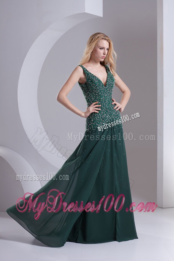 Column V-neck Chiffon Beading Dark Slate Gray Evening Dress