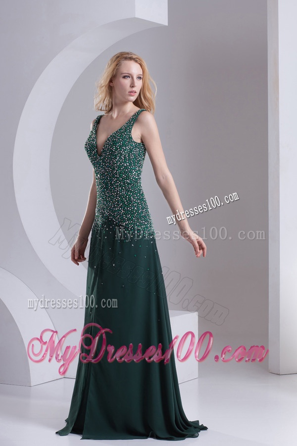 Column V-neck Chiffon Beading Dark Slate Gray Evening Dress