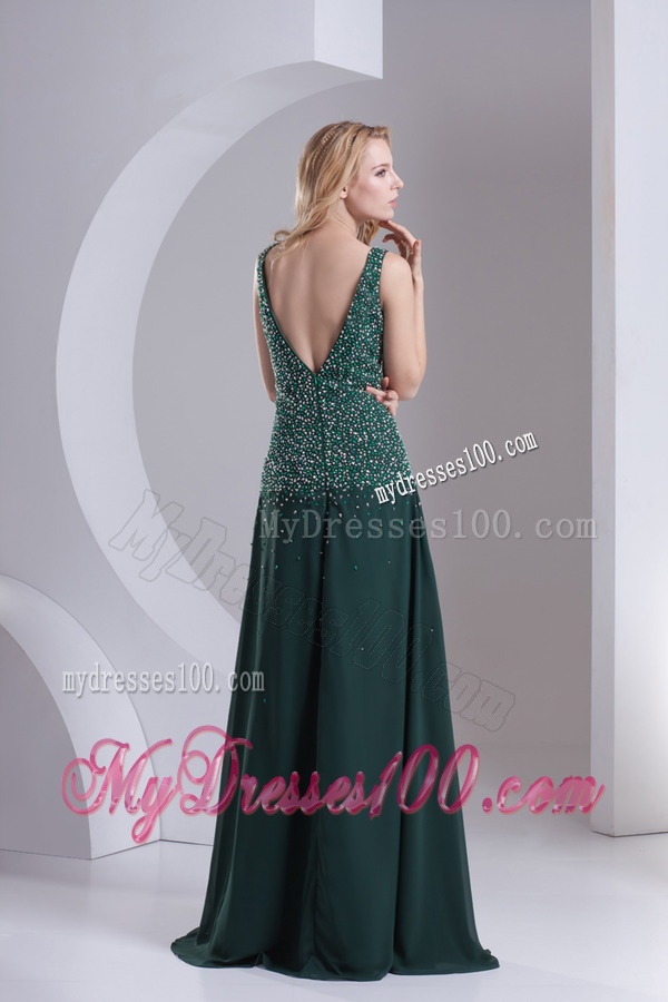 Column V-neck Chiffon Beading Dark Slate Gray Evening Dress