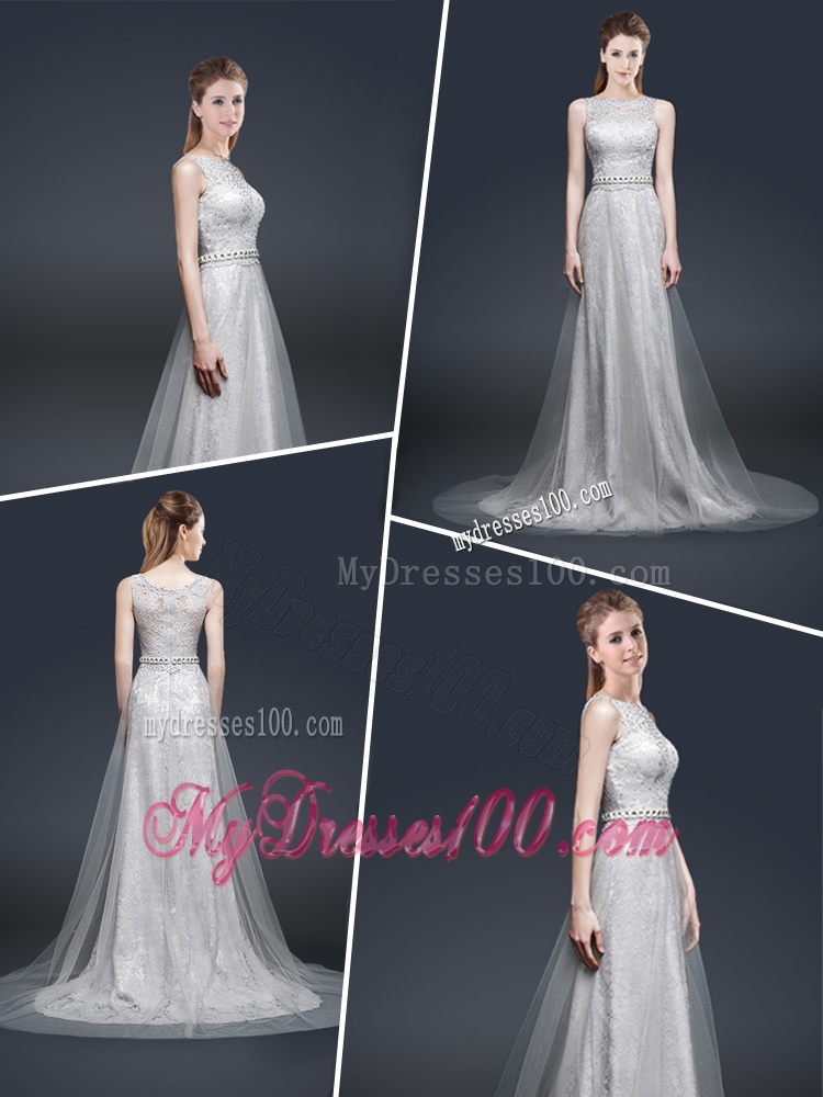 Elegant Empire Bateau Evening Dresses with Brush Train