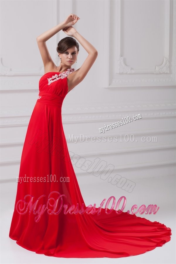 Elegant Empire One Shoulder Appliques Court Train Chiffon Red Evening Dresses