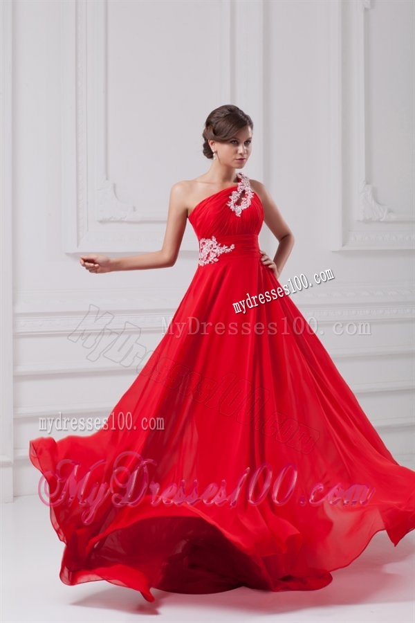 Elegant Empire One Shoulder Appliques Court Train Chiffon Red Evening Dresses