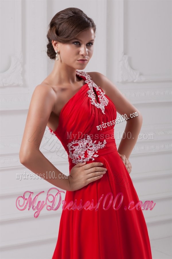 Elegant Empire One Shoulder Appliques Court Train Chiffon Red Evening Dresses
