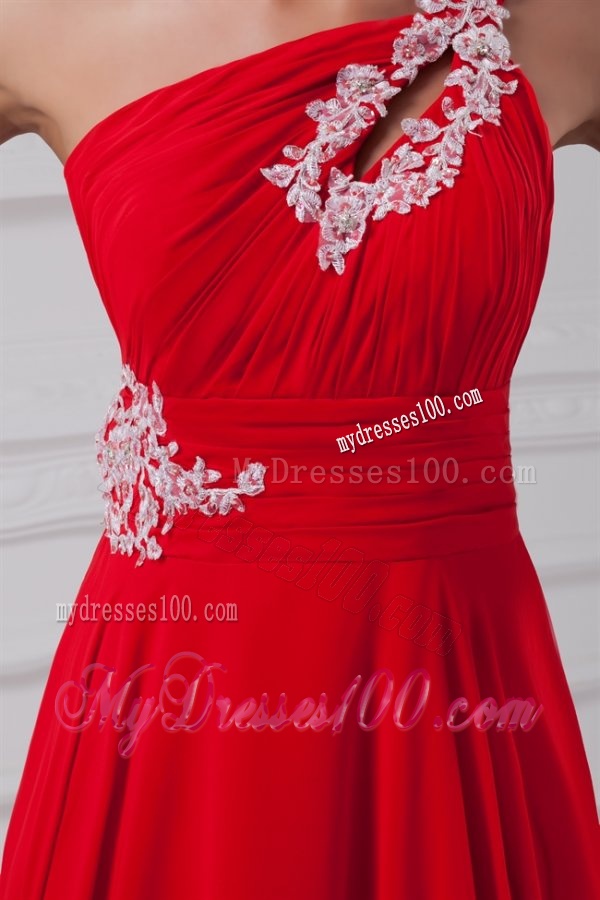 Elegant Empire One Shoulder Appliques Court Train Chiffon Red Evening Dresses