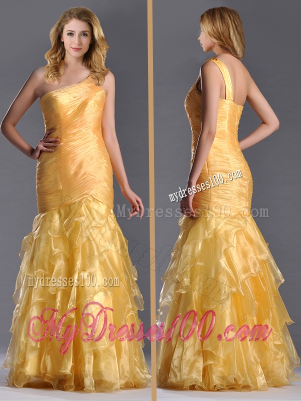 Elegant Mermaid One Shoulder Organza Ruffled Evening Dress in Gold