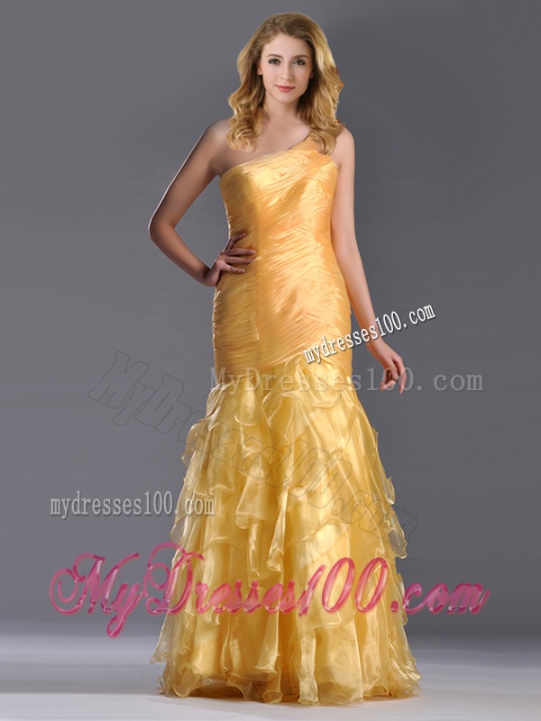 Elegant Mermaid One Shoulder Organza Ruffled Evening Dress in Gold