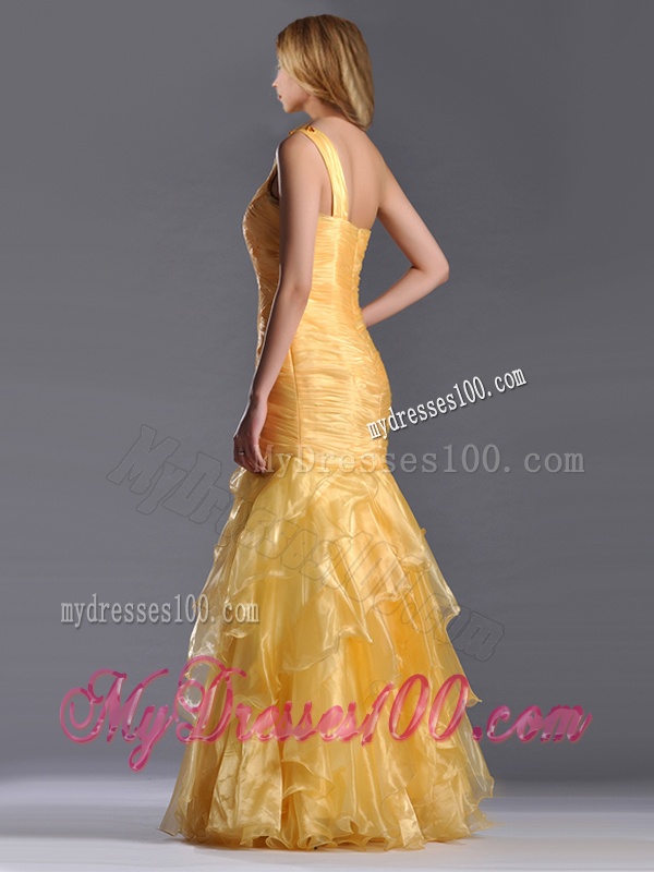 Elegant Mermaid One Shoulder Organza Ruffled Evening Dress in Gold