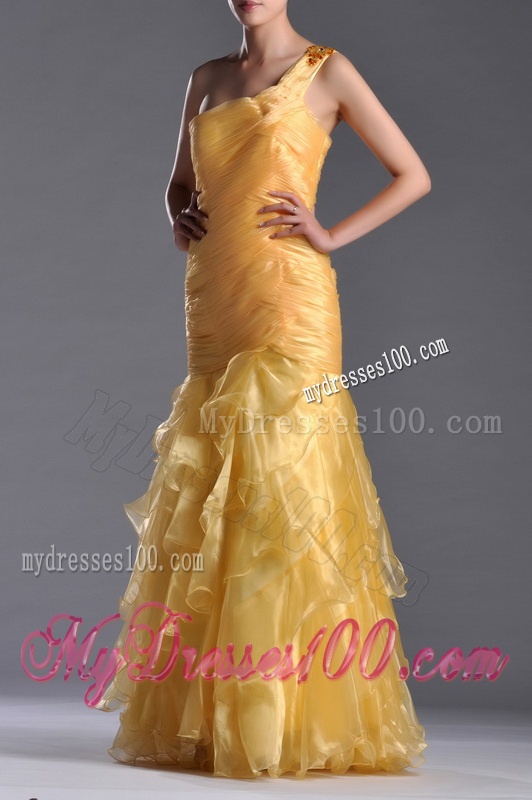 Elegant Mermaid One Shoulder Organza Ruffled Evening Dress in Gold