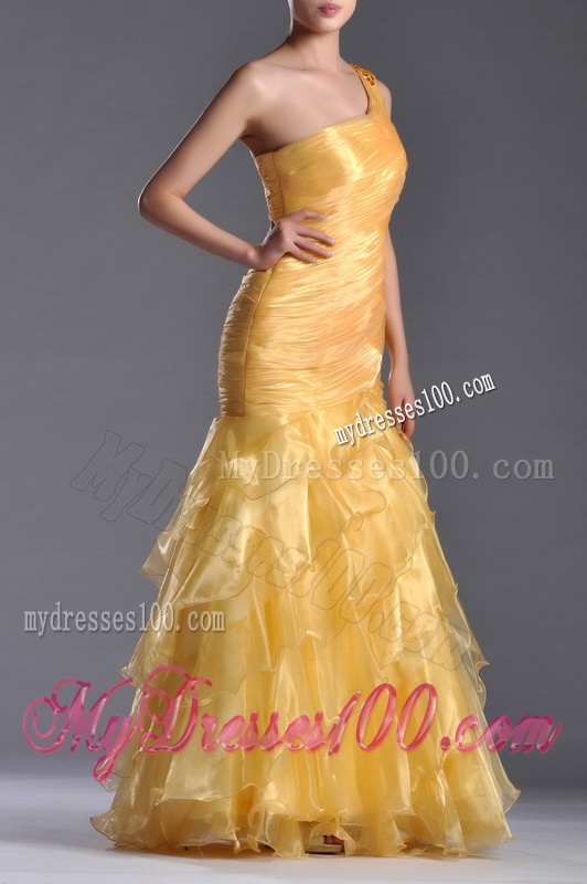 Elegant Mermaid One Shoulder Organza Ruffled Evening Dress in Gold