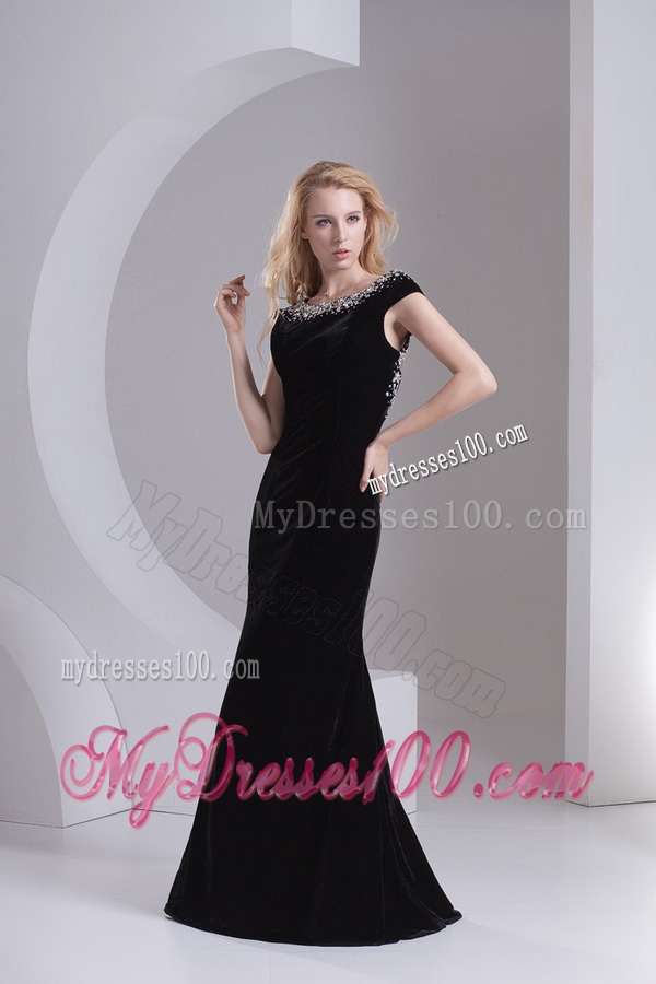 Empire Cap Sleeves Scoop Beading Floor-length Evening Dress
