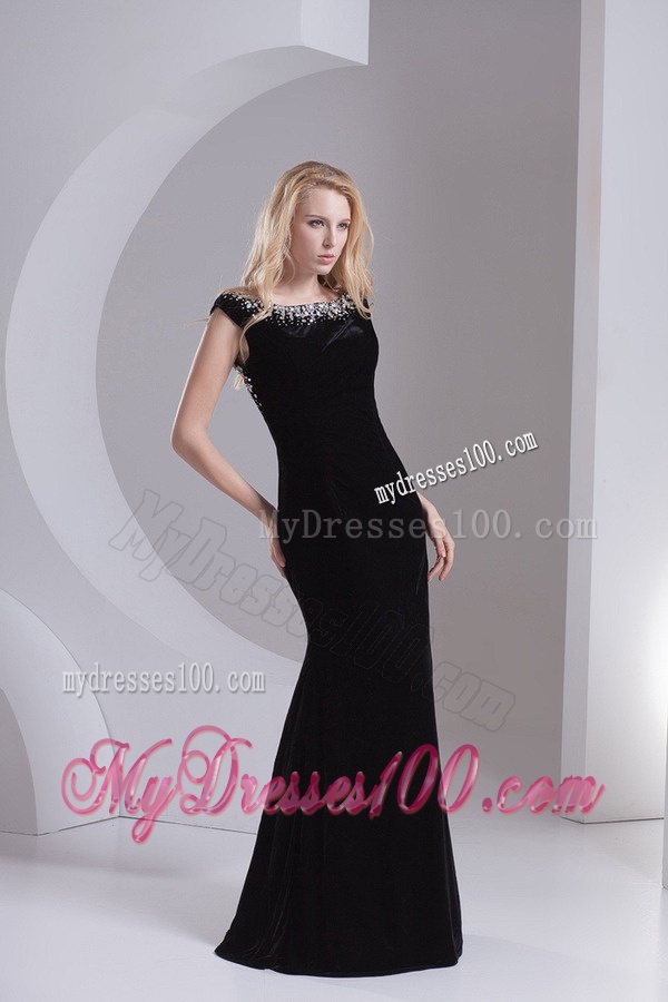 Empire Cap Sleeves Scoop Beading Floor-length Evening Dress