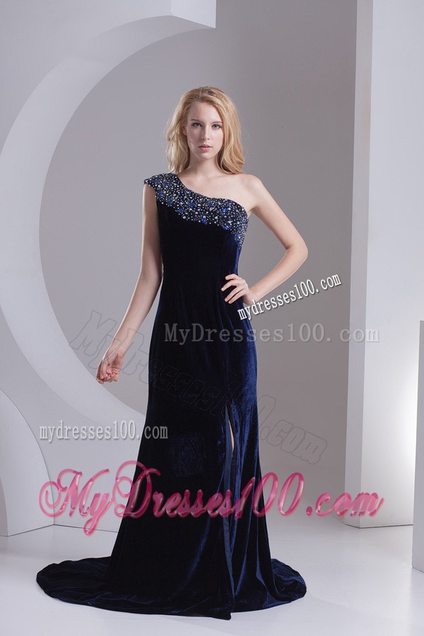 Empire One Shoulder Black Beading Zipper-up Evening Dress