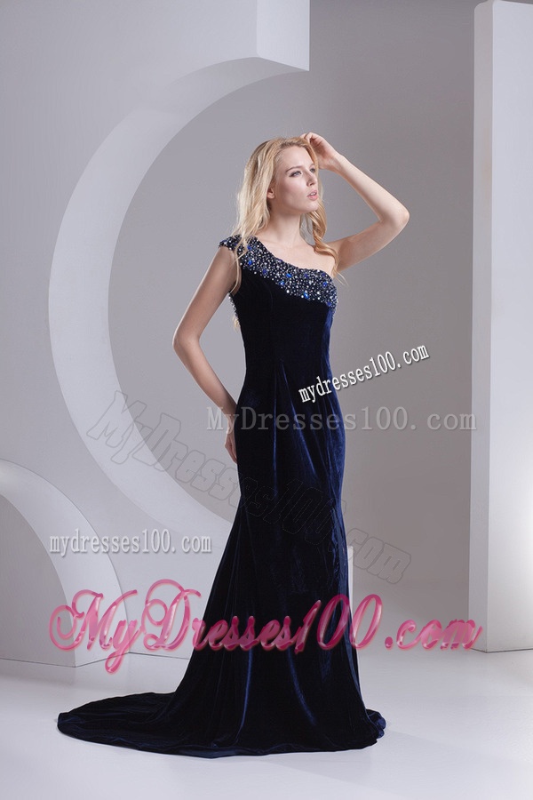 Empire One Shoulder Black Beading Zipper-up Evening Dress