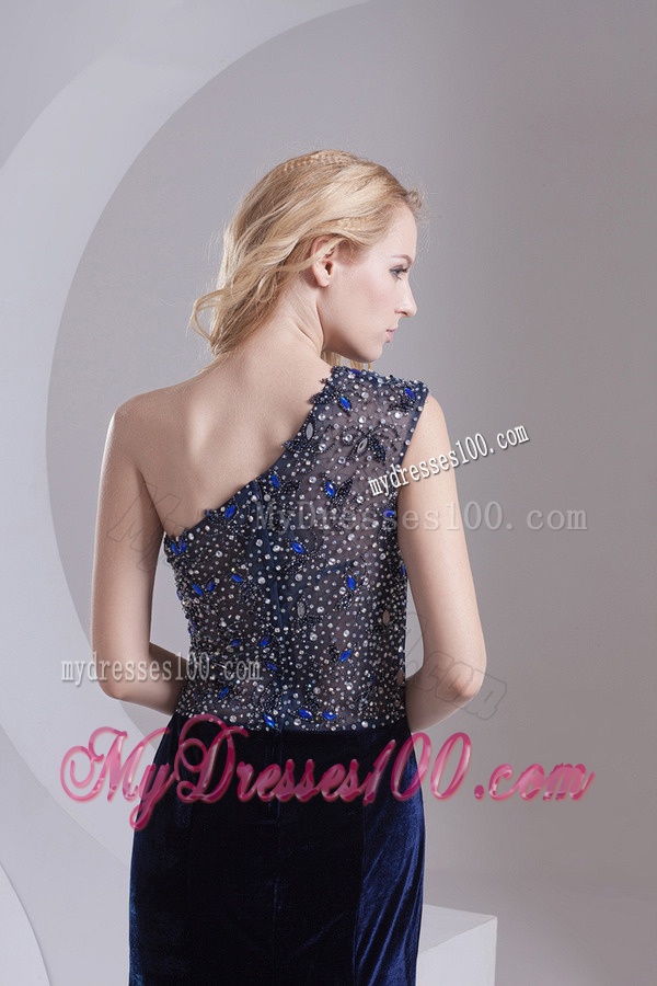Empire One Shoulder Black Beading Zipper-up Evening Dress