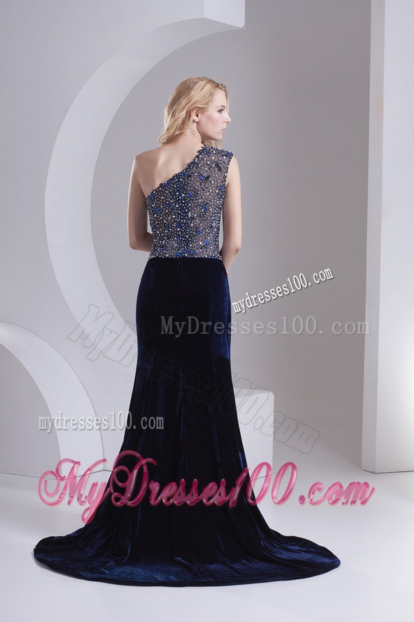 Empire One Shoulder Black Beading Zipper-up Evening Dress