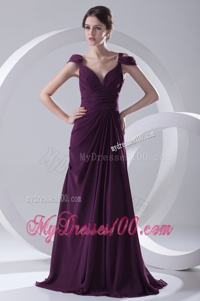 Empire Purple Ruching Straps Cap Sleeves Dresses for Evening