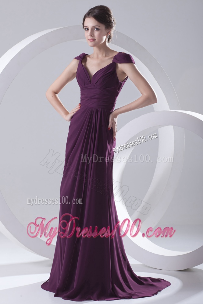 Empire Purple Ruching Straps Cap Sleeves Dresses for Evening