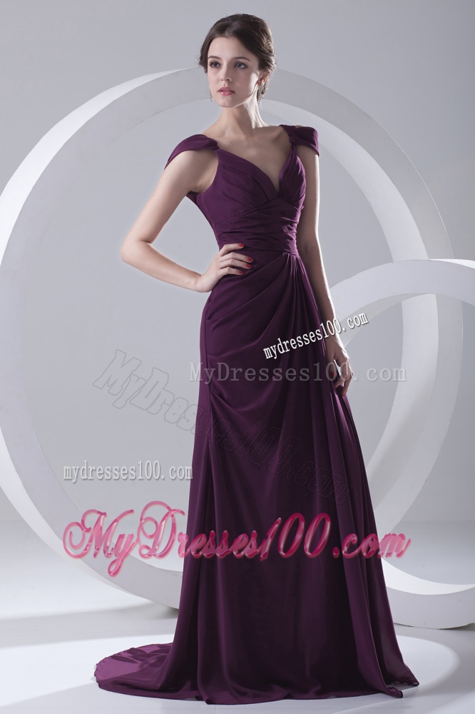 Empire Purple Ruching Straps Cap Sleeves Dresses for Evening