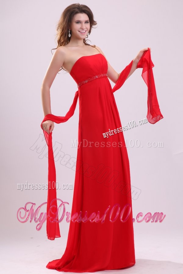 Empire Red Strapless Beading and Ruching Chiffon Evening Dress
