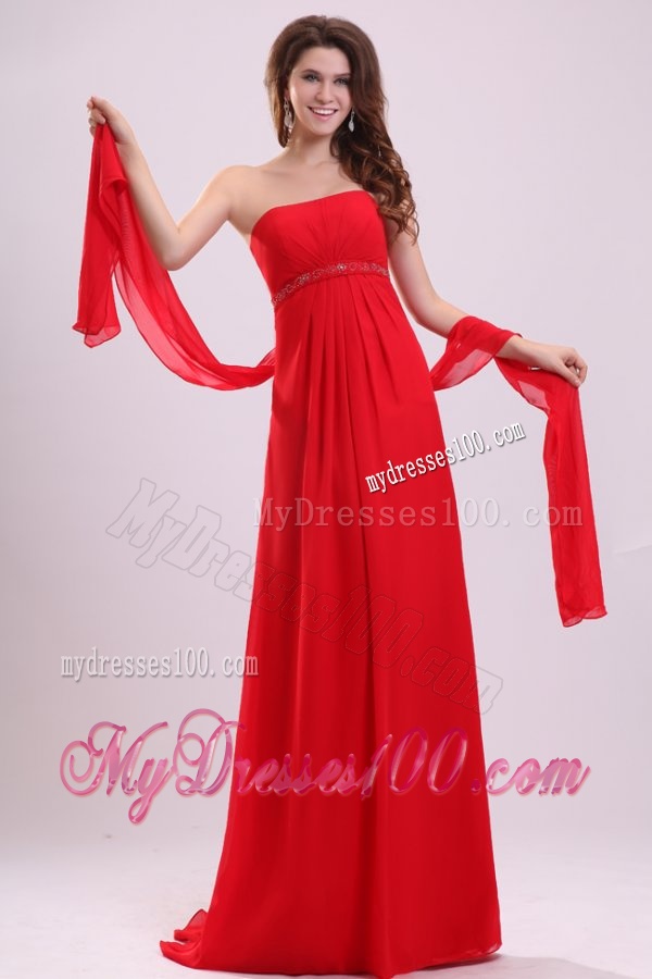 Empire Red Strapless Beading and Ruching Chiffon Evening Dress