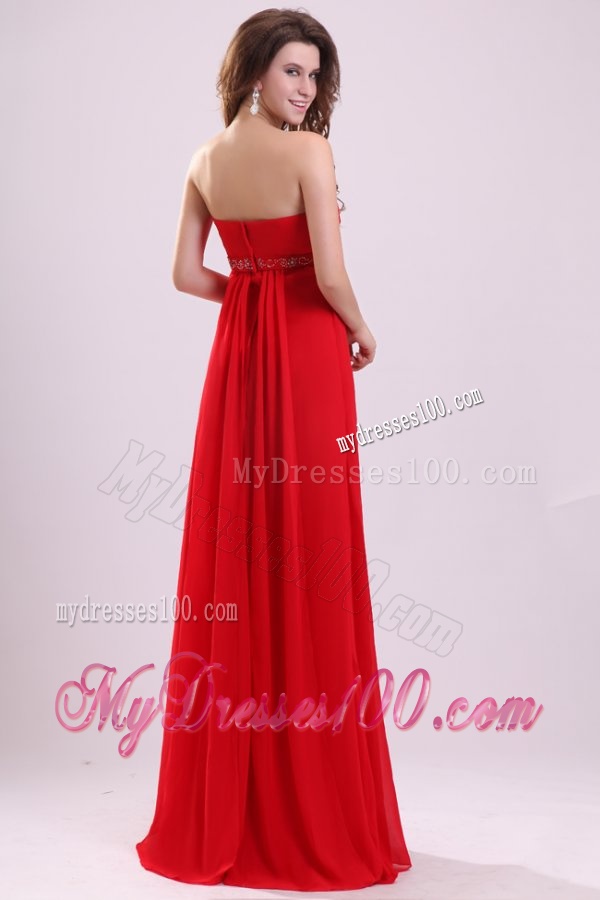 Empire Red Strapless Beading and Ruching Chiffon Evening Dress