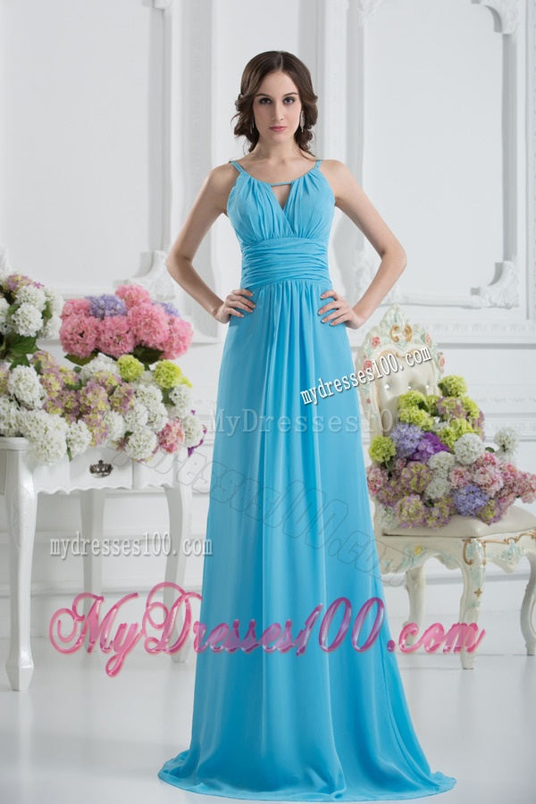 Empire Straps Ruching Baby Blue Floor-length Chiffon Evening Dress