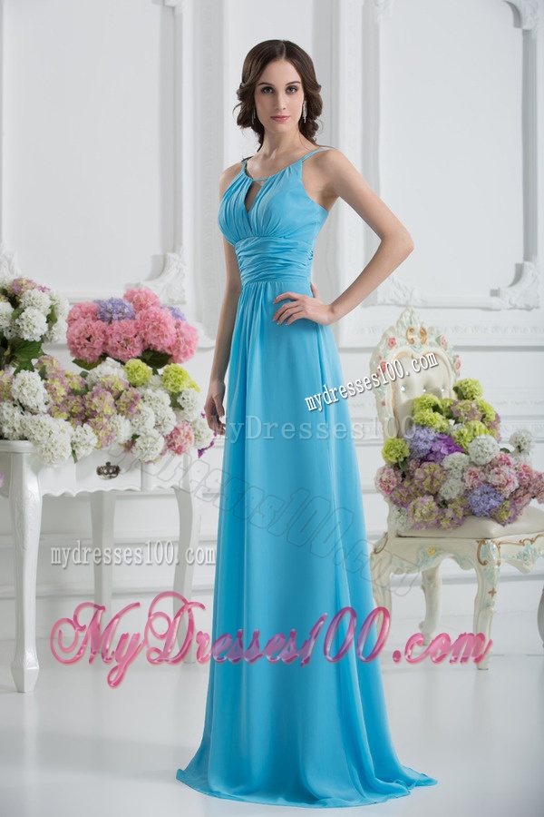 Empire Straps Ruching Baby Blue Floor-length Chiffon Evening Dress