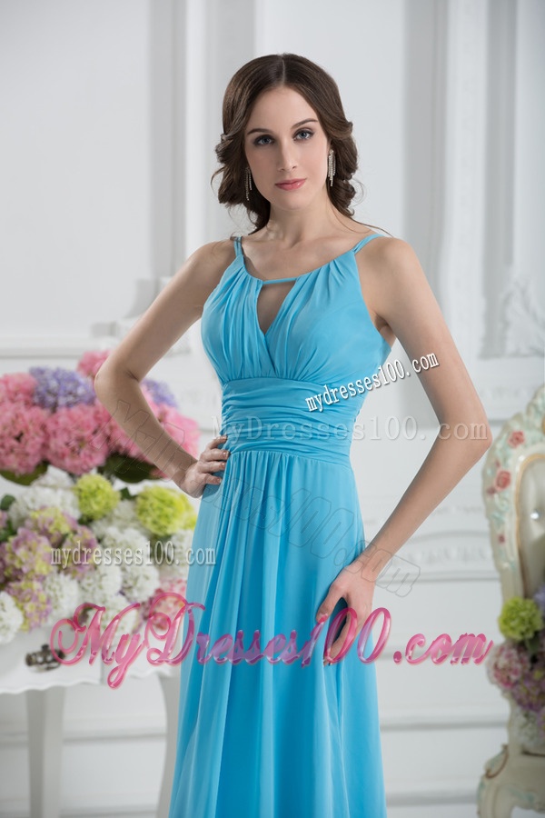 Empire Straps Ruching Baby Blue Floor-length Chiffon Evening Dress