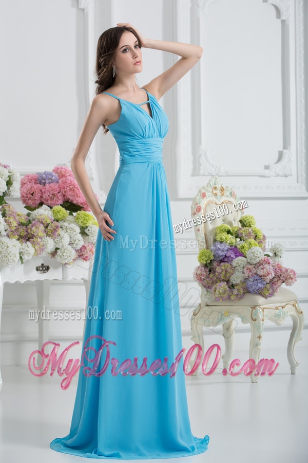 Empire Straps Ruching Baby Blue Floor-length Chiffon Evening Dress