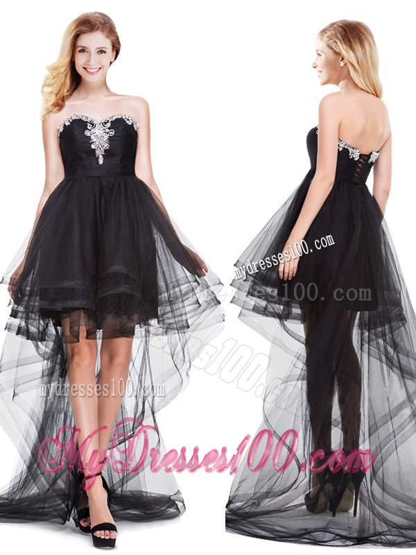 Fashionable Beaded Top Tulle Black Evening Dress with High Low