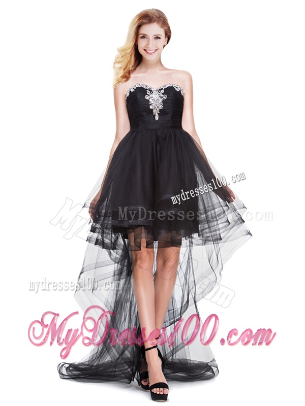 Fashionable Beaded Top Tulle Black Evening Dress with High Low