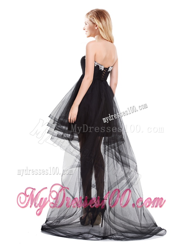 Fashionable Beaded Top Tulle Black Evening Dress with High Low