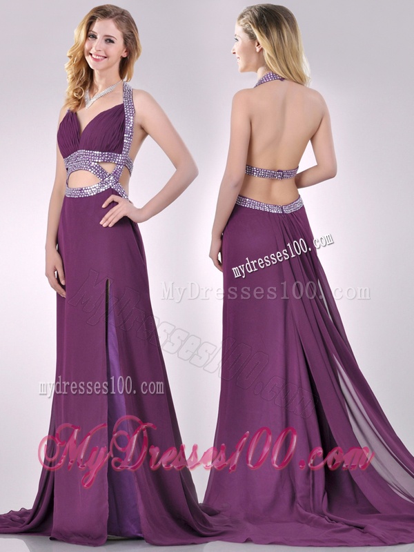 Gorgeous Cut Out Waist Halter Top Evening Dress with Brush Train