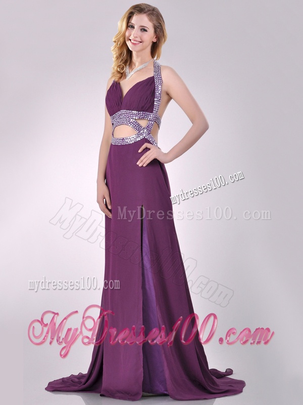 Gorgeous Cut Out Waist Halter Top Evening Dress with Brush Train