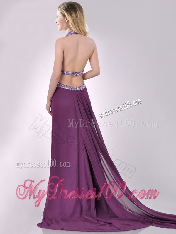 Gorgeous Cut Out Waist Halter Top Evening Dress with Brush Train