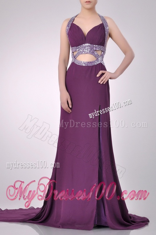 Gorgeous Cut Out Waist Halter Top Evening Dress with Brush Train