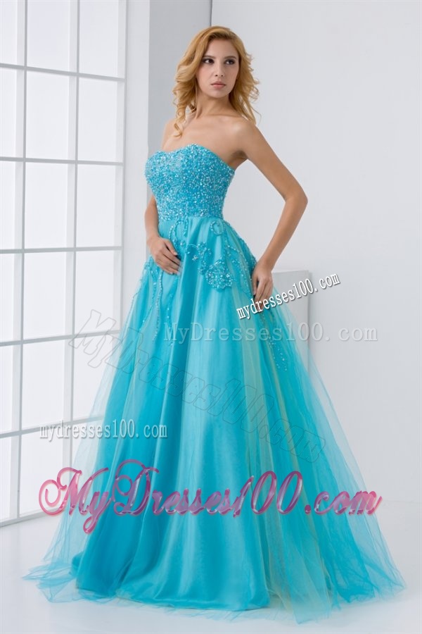 Gorgeous Princess Sweetheart Beading Tulle Aqua Blue Long Lace Up Evening Dress