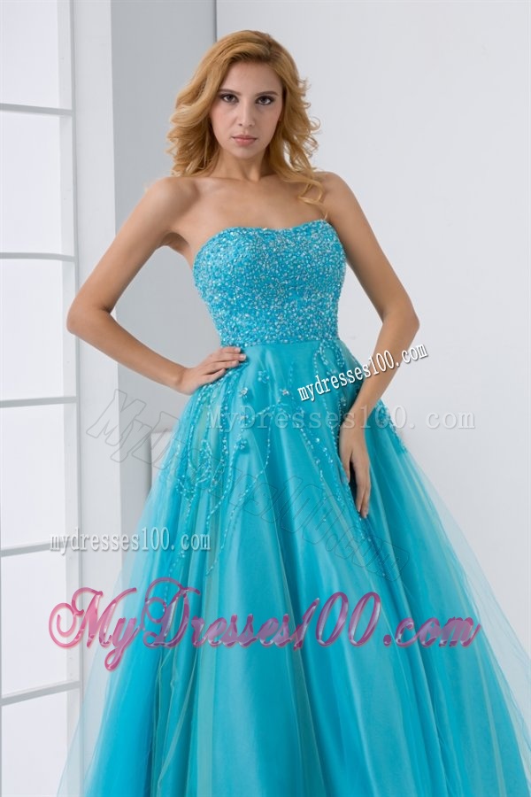 Gorgeous Princess Sweetheart Beading Tulle Aqua Blue Long Lace Up Evening Dress