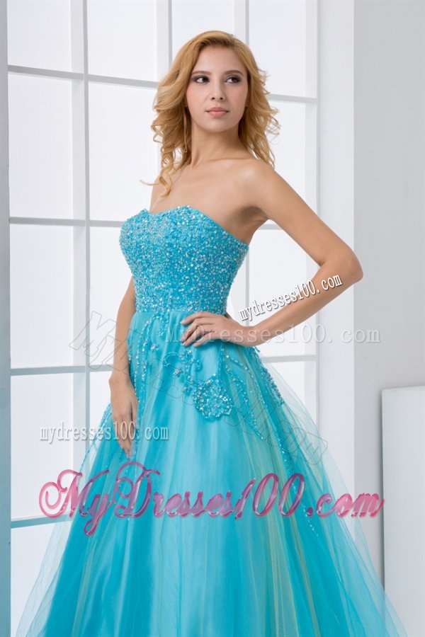 Gorgeous Princess Sweetheart Beading Tulle Aqua Blue Long Lace Up Evening Dress