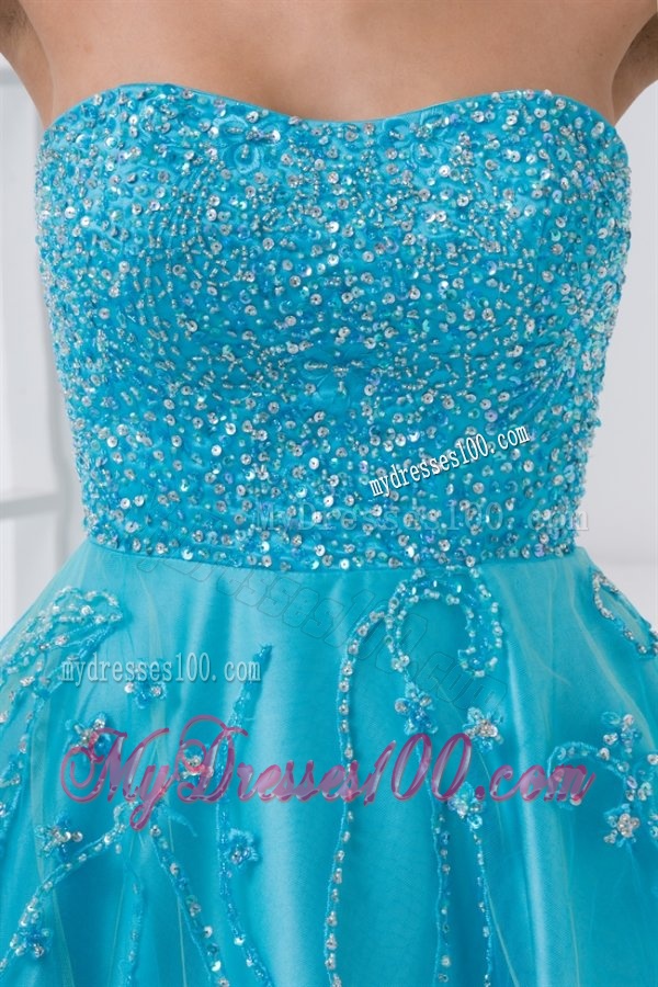 Gorgeous Princess Sweetheart Beading Tulle Aqua Blue Long Lace Up Evening Dress