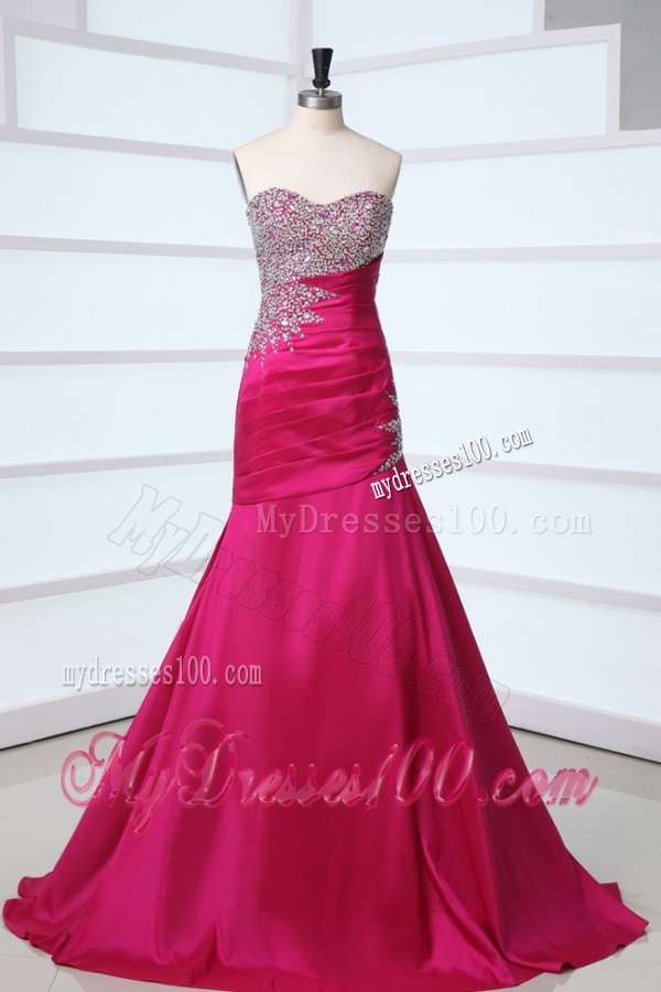 Hot Pink Sweetheart A-line Beading and Rhinestone Sweep Train Evening Dress