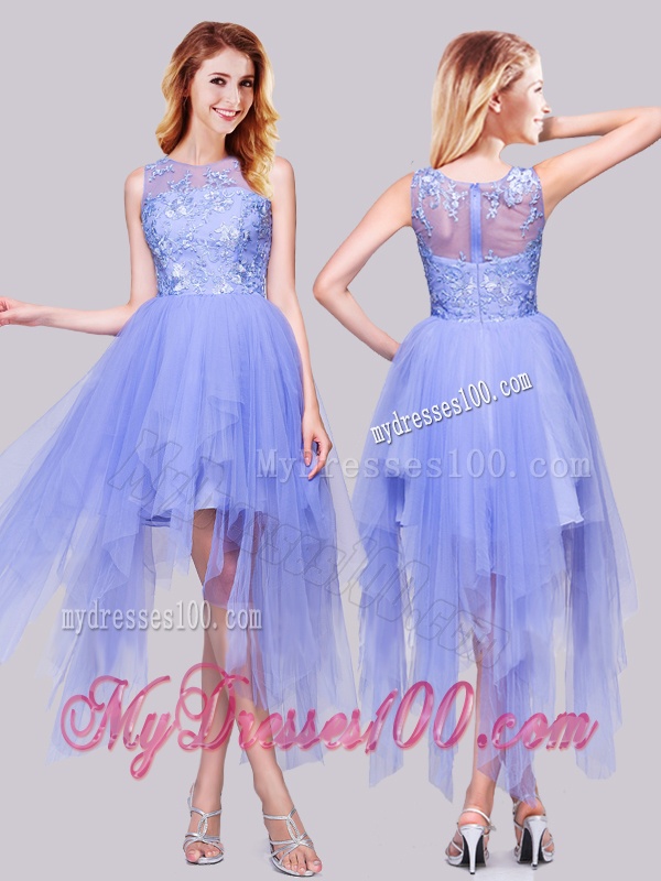 Luxurious Asymmetrical Bateau Lavender Evening Dress with Appliques