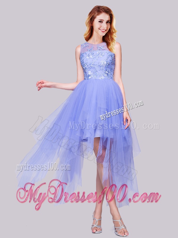 Luxurious Asymmetrical Bateau Lavender Evening Dress with Appliques