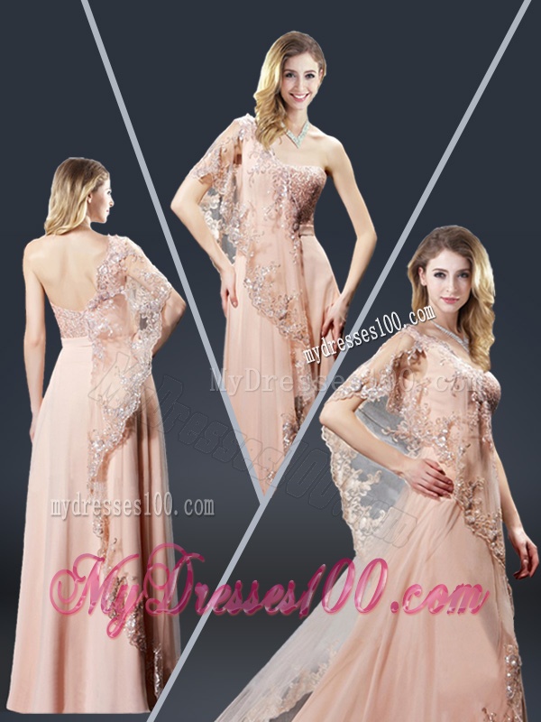 Luxurious One Shoulder Appliques Evening Dresses in Peach