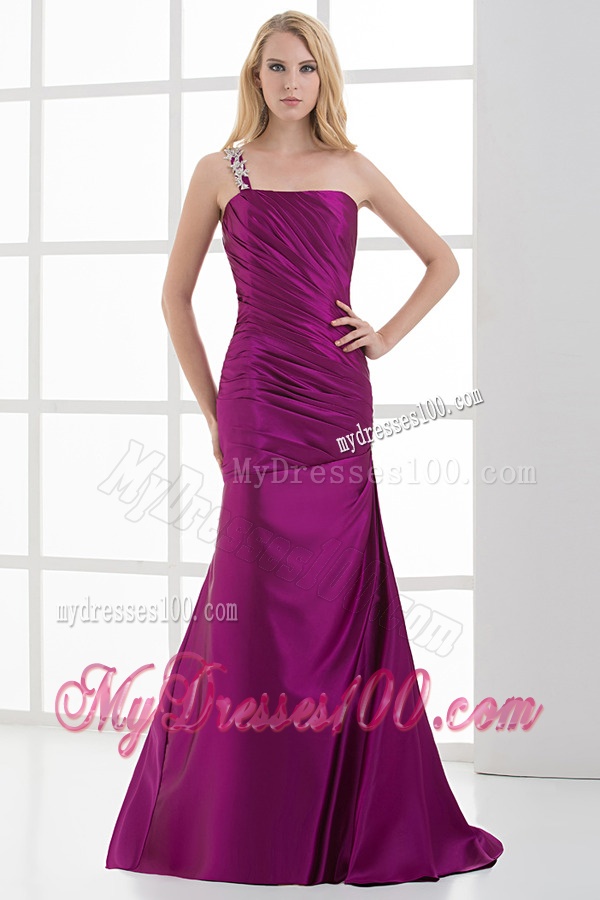 Mermaid Fuchsia One Shoulder Brush Train Beading Taffeta Ruching Evening Dress