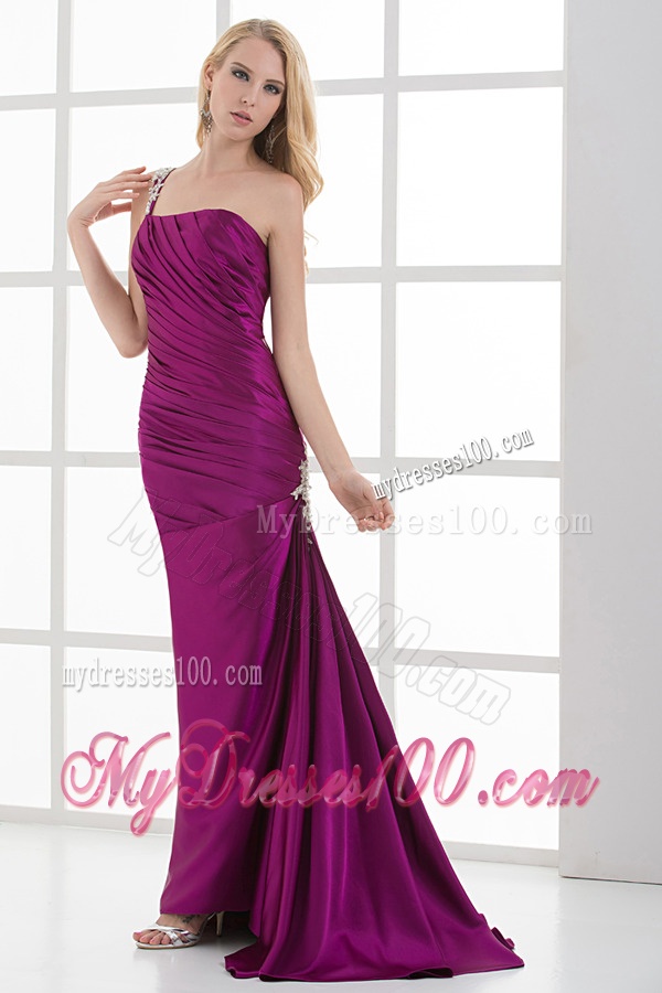 Mermaid Fuchsia One Shoulder Brush Train Beading Taffeta Ruching Evening Dress