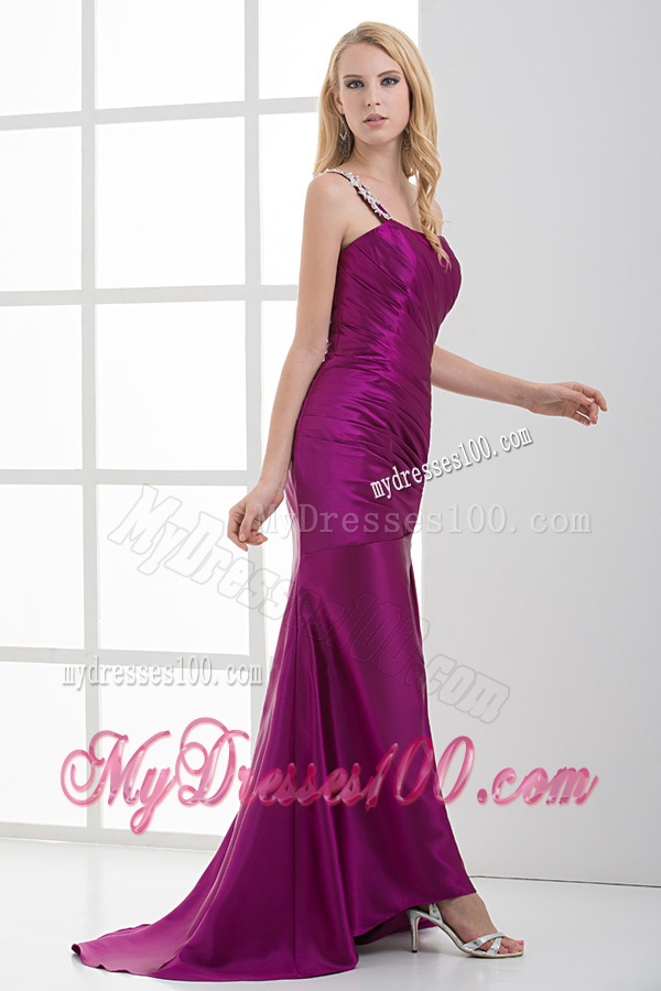 Mermaid Fuchsia One Shoulder Brush Train Beading Taffeta Ruching Evening Dress